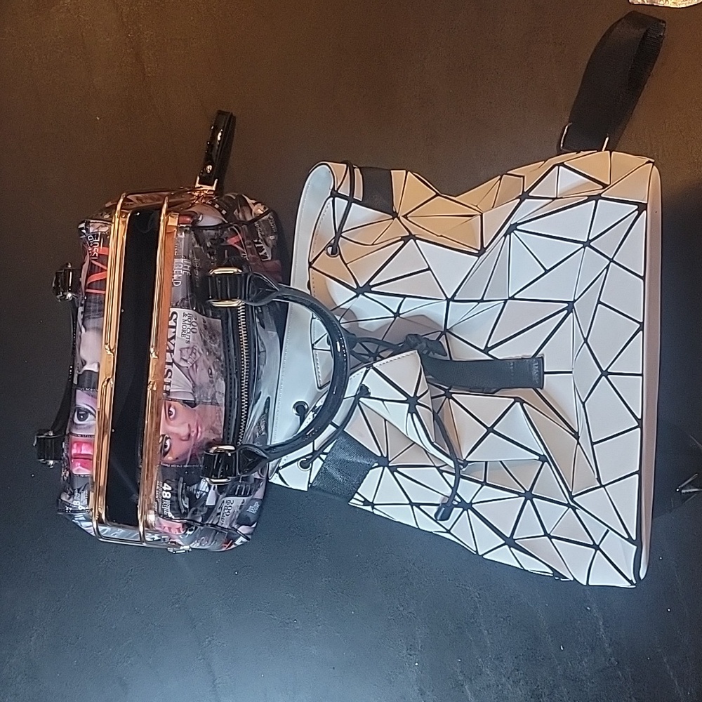Two Bags White Drawstring Back Pack New Never used. And a black Faux ...